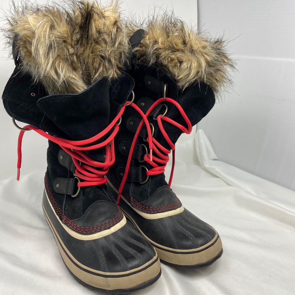Sorel Joan of Arc Red Lace Black Winter Boots sz 9